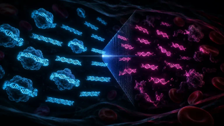 A digital rendering of cfDNA fragmentomics analyzing jagged DNA cut patterns and nucleosomes in the bloodstream for early cancer detection.