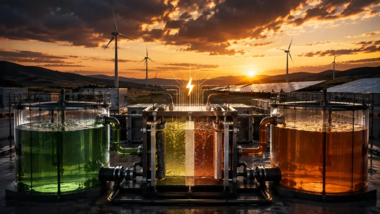 A digital representation of an Iron Flow Battery system with amber and green electrolyte tanks flanking a central cell stack.