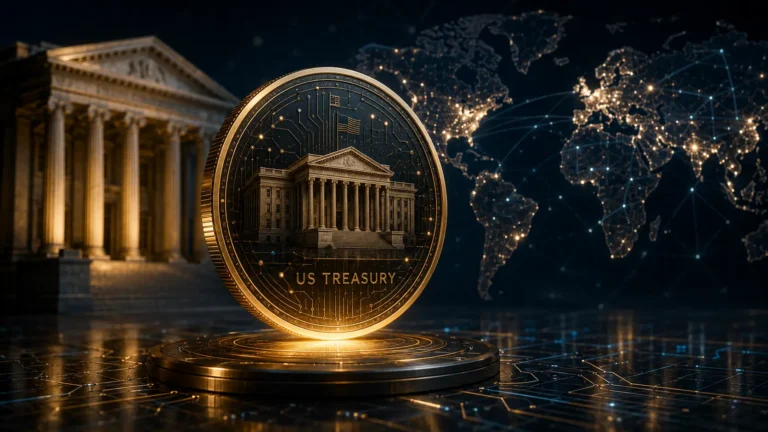 A digital smart contract mesh integrating with a physical US Government Treasury bond, representing tokenized US Treasuries and Real-World Assets (RWAs).