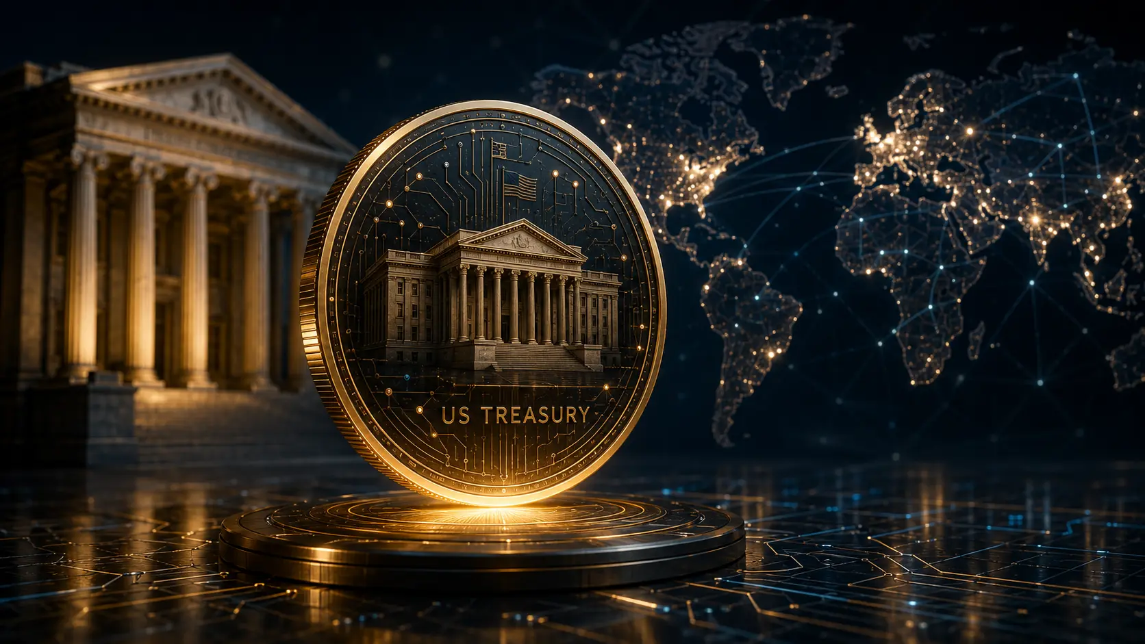 A digital smart contract mesh integrating with a physical US Government Treasury bond, representing tokenized US Treasuries and Real-World Assets (RWAs).