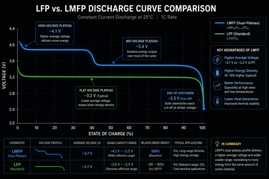 A dual-redox voltage curve comparing conventional LFP against LMFP battery chemistry.