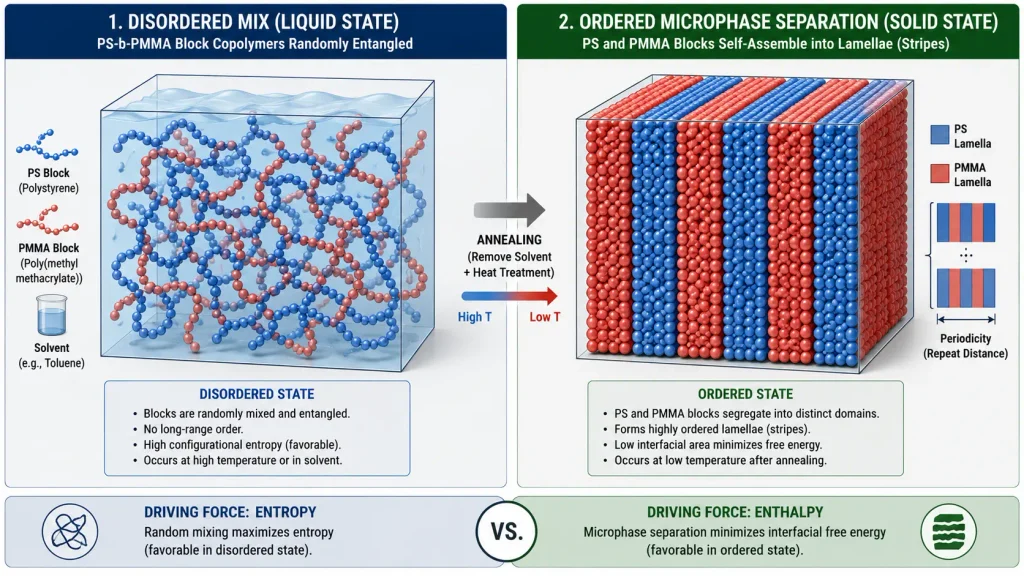 A flowchart comparing EUV lithography stochastic defects against Directed Self-Assembly (DSA) pitch multiplication and self-organizing block copolymers.