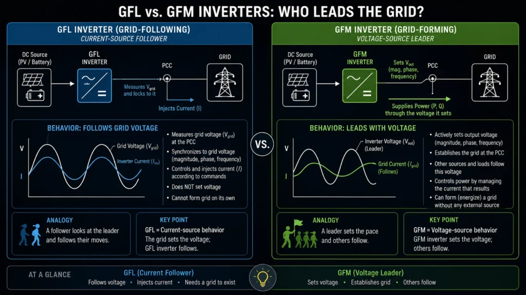 A flowchart comparing Grid-Following Inverters (GFL) acting as current sources to Grid-Forming Inverters acting as voltage sources.