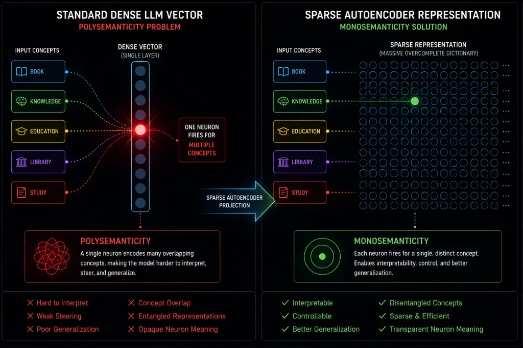 A flowchart comparing LLM superposition and polysemantic neurons versus Sparse Autoencoder (SAE) feature extraction and monosemanticity.