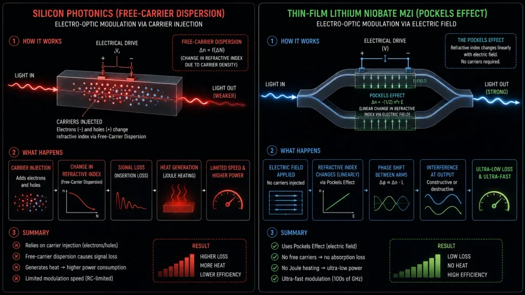 A flowchart comparing Silicon Photonics Free-Carrier Dispersion versus the TFLN Pockels Effect for optical modulation.