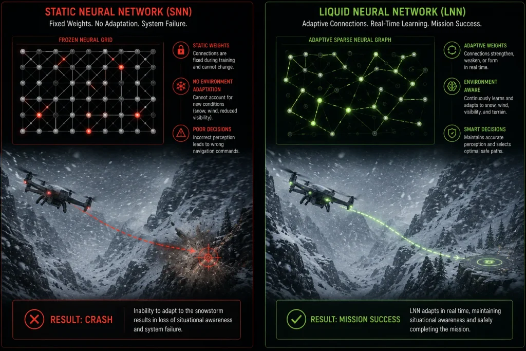 A flowchart comparing Standard Deep Neural Networks to Liquid Neural Networks (LNNs) for out-of-distribution adaptation.