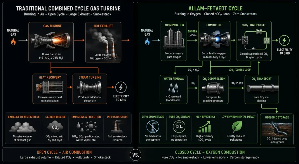 A flowchart comparing a traditional CCGT power plant with a smokestack against the closed-loop, zero-emission Allam-Fetvedt Cycle using oxy-combustion.