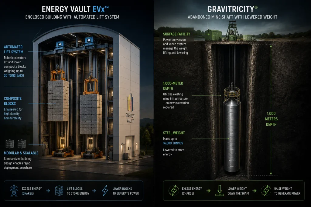 A flowchart comparing chemical lithium-ion battery degradation to the infinite cycle life of Gravity Energy Storage Systems (GESS).