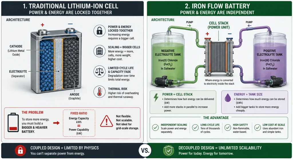 A flowchart comparing coupled lithium-ion battery cell scaling versus decoupled iron flow battery tank scaling.