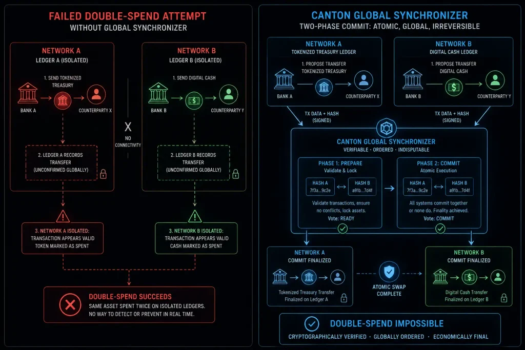 A flowchart comparing isolated private blockchains versus Canton Network cross-chain atomic composability.