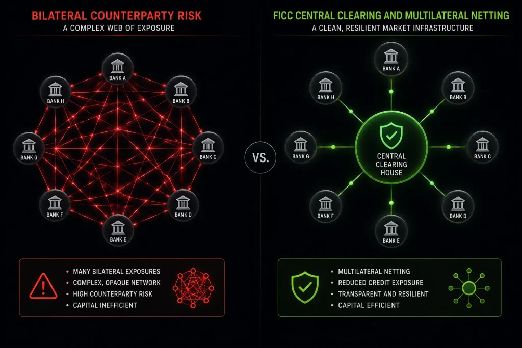 A flowchart comparing legacy bilateral Treasury trades to FICC mandatory central clearing and novation.