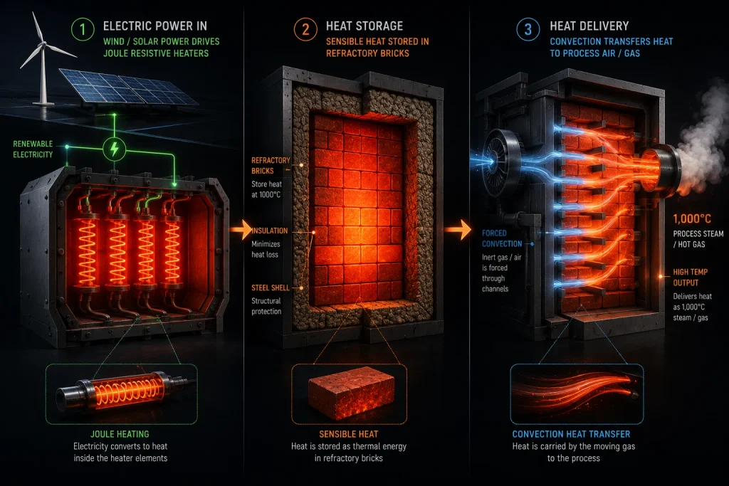 A flowchart comparing natural gas boilers to industrial thermal batteries for zero-carbon process steam generation.