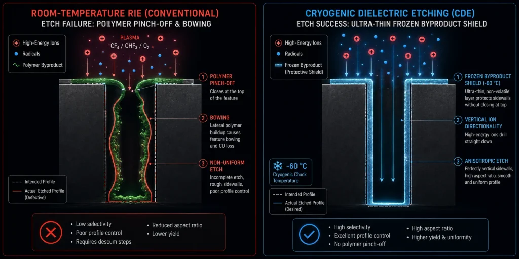 A flowchart comparing room-temperature reactive ion etching defects versus the straight anisotropic profile of cryogenic dielectric etching.