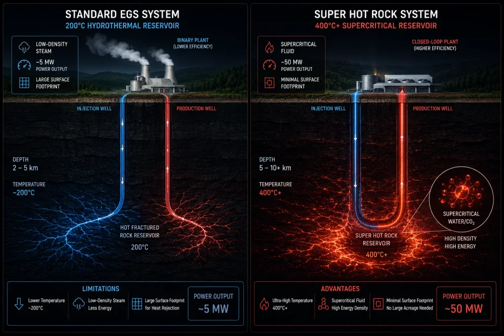 A flowchart comparing standard Enhanced Geothermal Systems (EGS) subcritical extraction versus Super Hot Rock supercritical fluid thermodynamics.
