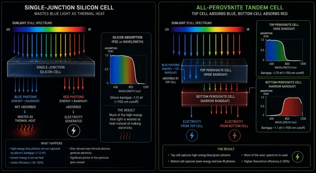 A flowchart comparing the 33% Shockley-Queisser limit of traditional single-junction silicon versus the 47% theoretical limit of all-perovskite tandems.