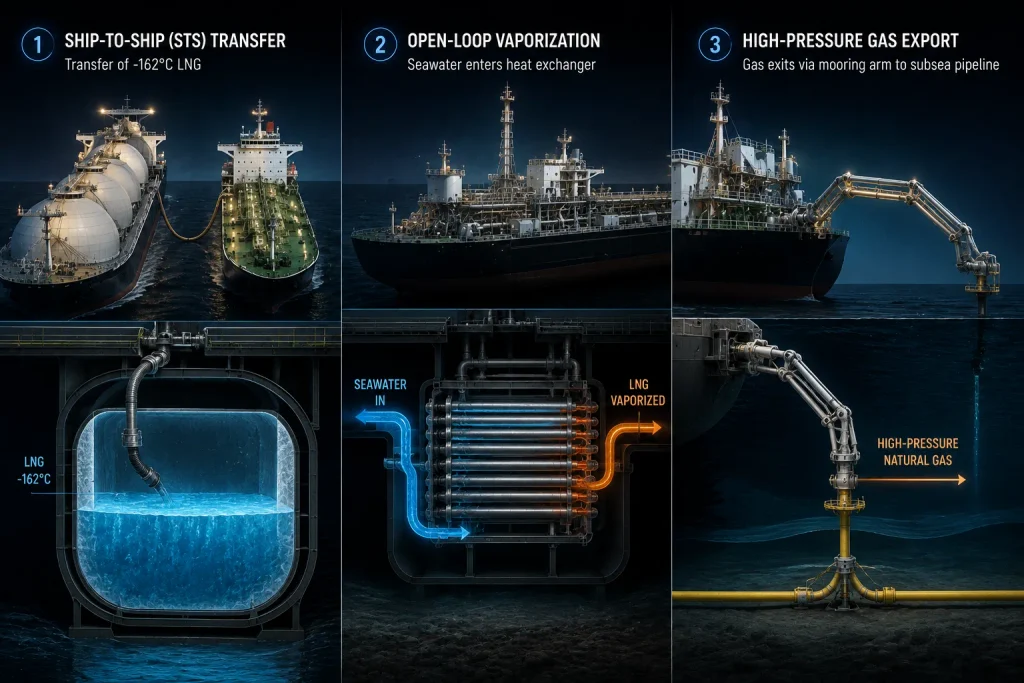 A flowchart comparing the 7-year CapEx of Onshore LNG Terminals against the 12-month agile deployment of FSRUs.