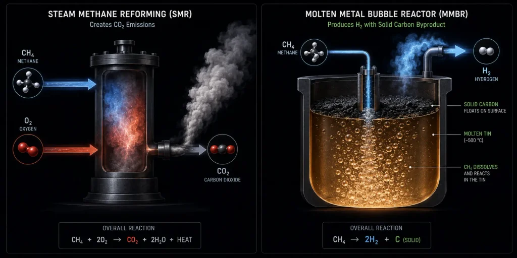 A flowchart comparing the CO2 pipeline requirements of Blue Hydrogen versus the solid carbon byproduct of Turquoise Hydrogen.