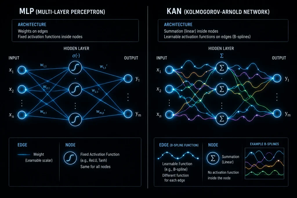 A flowchart comparing the black-box matrix multiplication of MLPs with the interpretable grid extension of KANs.