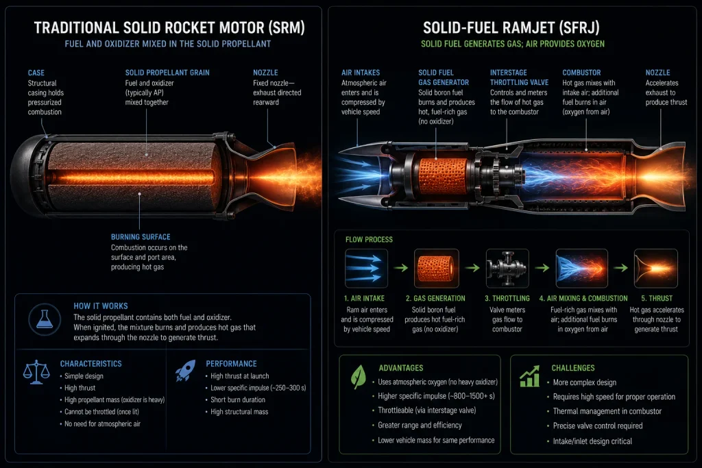 A flowchart comparing the kinematics and No-Escape Zone of a standard Solid Rocket Motor versus a Solid-Fuel Ramjet.