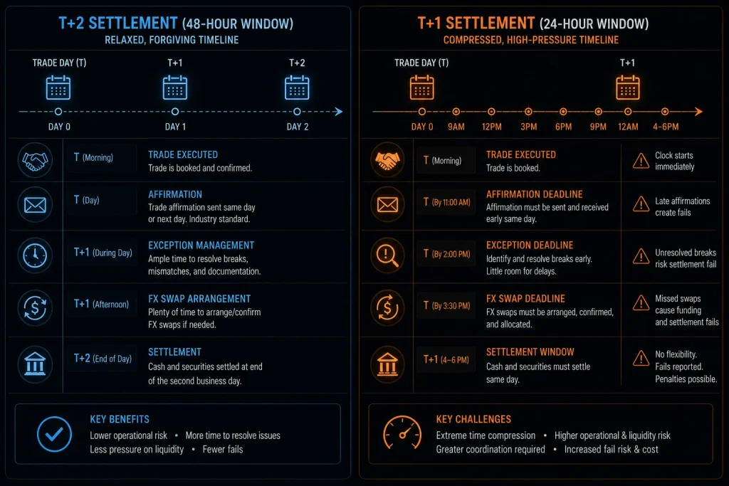 A flowchart comparing the legacy T+2 settlement timeline against the compressed, 24-hour T+1 settlement timeline.