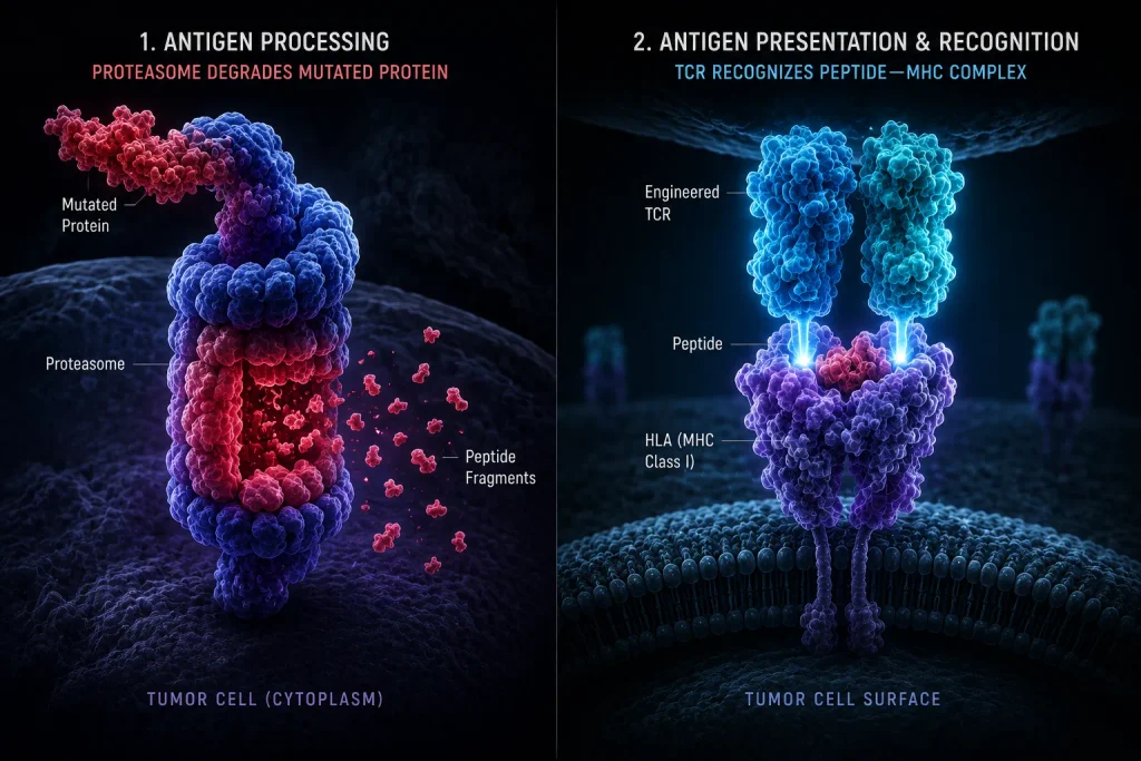 A flowchart comparing the mechanisms of CAR-T therapy for liquid cancers versus TCR-T therapy for solid tumors.