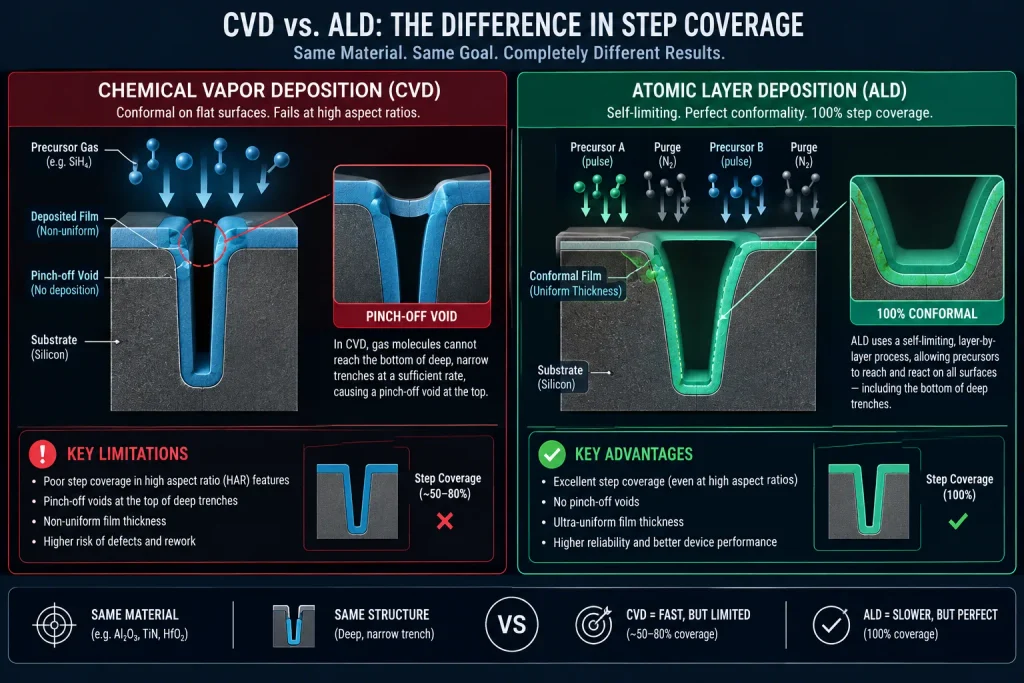 A flowchart comparing the pinch-off failure of standard Chemical Vapor Deposition (CVD) versus the perfect conformal coating of Atomic Layer Deposition (ALD).
