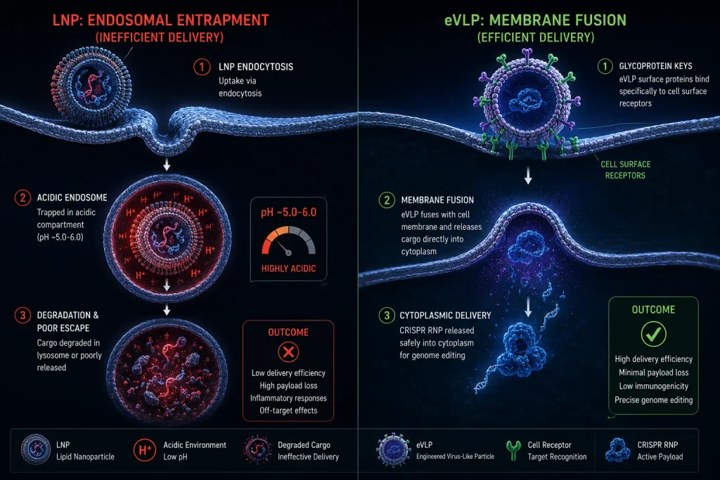A flowchart comparing the safety and cargo capacity of traditional AAV viral vectors versus Engineered Virus-Like Particles (eVLP).
