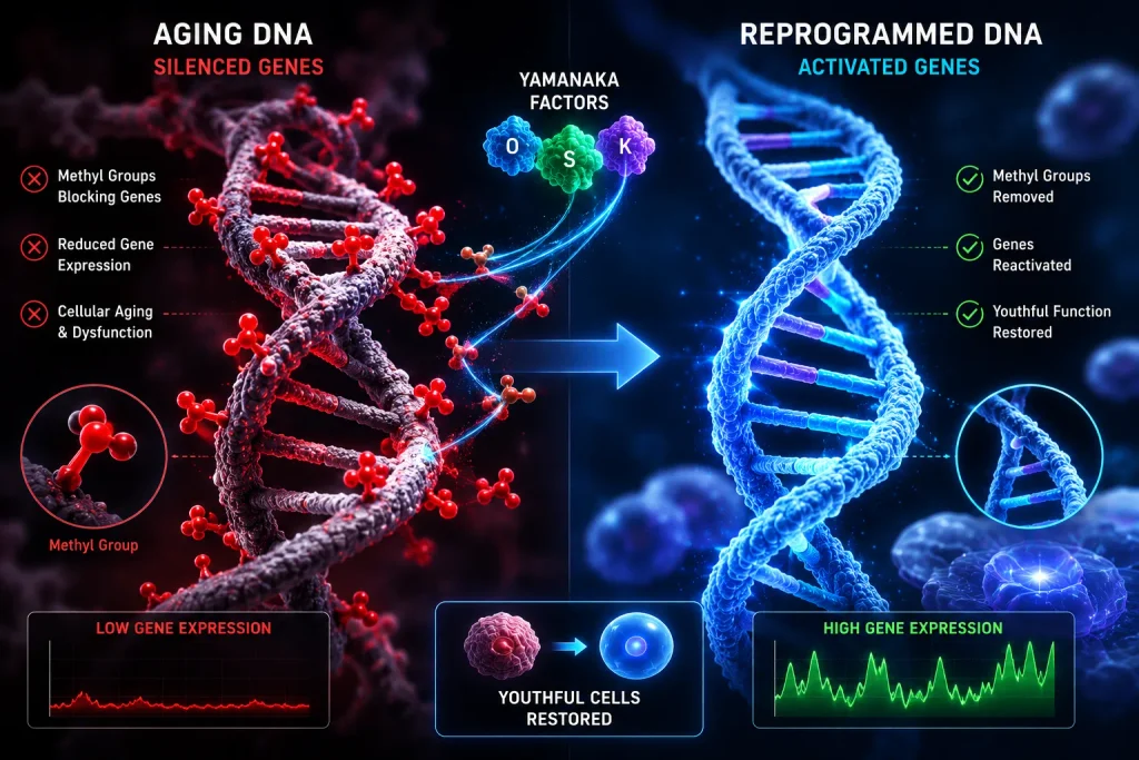 A flowchart comparing the teratoma risks of full reprogramming versus the safety of partial epigenetic reprogramming.