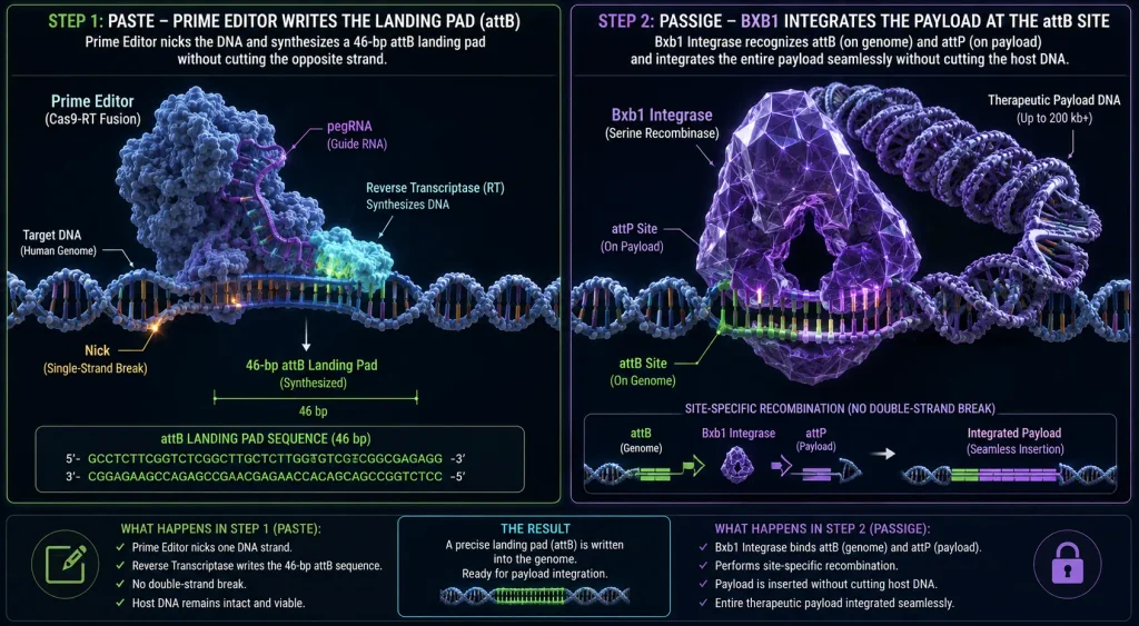 A flowchart comparing the toxic double-strand breaks of standard CRISPR-Cas9 against the flawless integrase insertion of PASSIGE and PASTE.