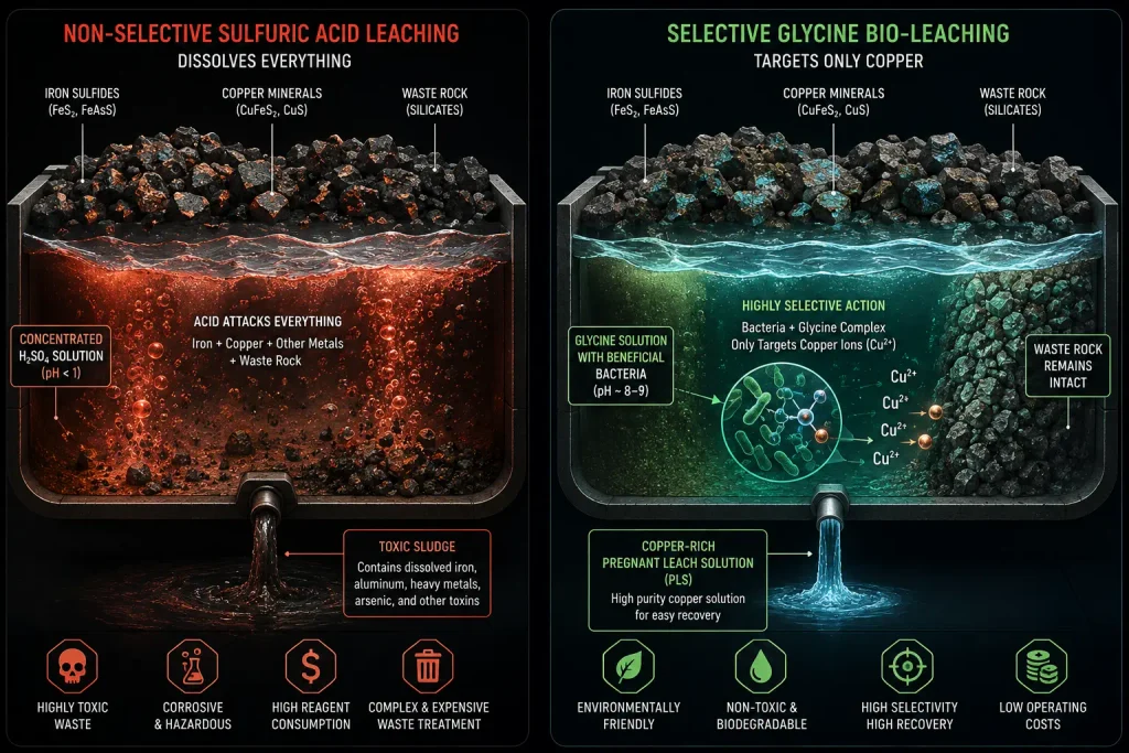 A flowchart comparing the toxic waste of traditional sulfuric acid leaching versus the closed-loop extraction of glycine bio-leaching.