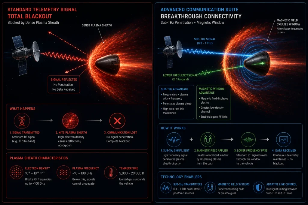 A flowchart comparing total plasma blackout versus Sub-THz and magnetic windowing mitigation in hypersonic flight.