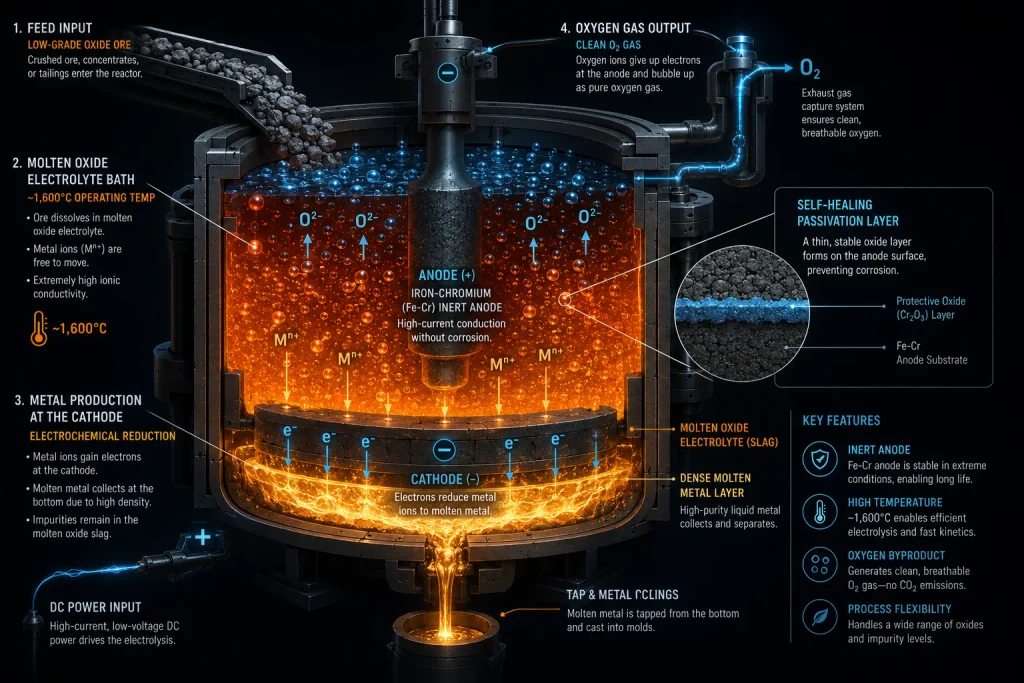 A flowchart comparing traditional carbothermic smelting blast furnaces to zero-carbon Molten Oxide Electrolysis (MOE).