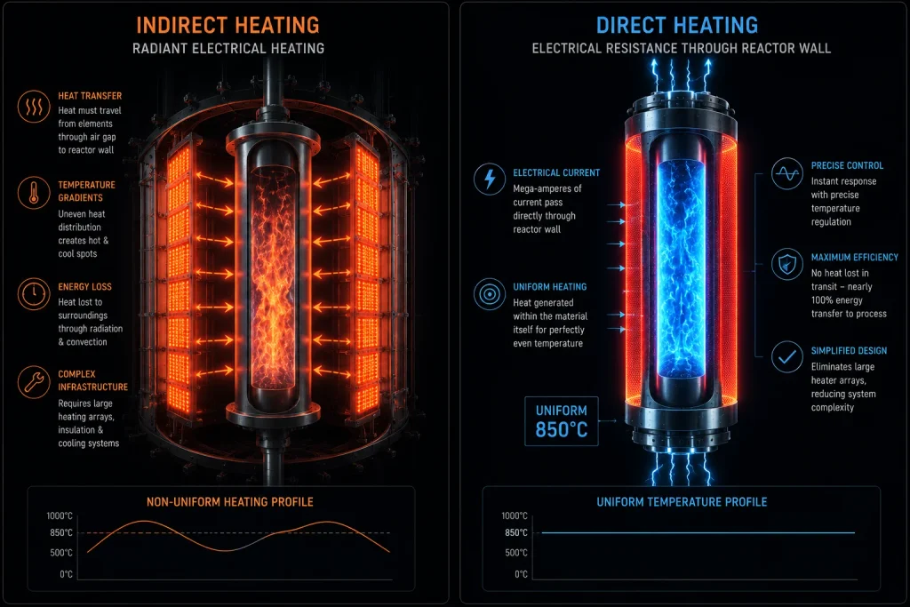 A flowchart comparing traditional gas-burning steam crackers to electric steam cracking and zero scope 1 emissions.