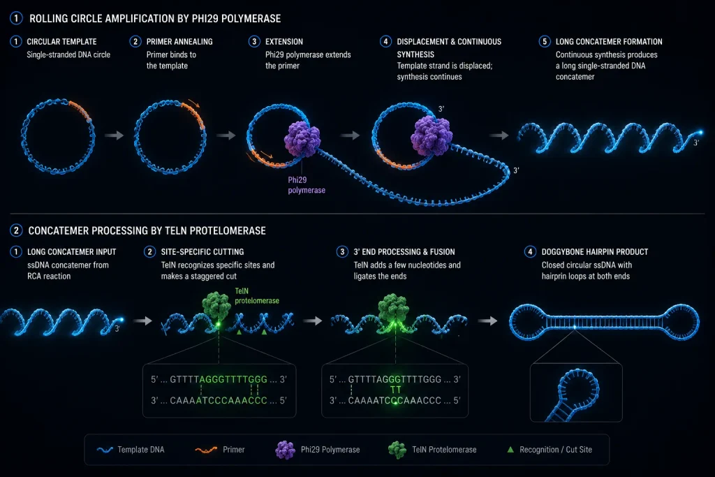 A flowchart comparing traditional plasmid DNA bacterial fermentation versus Doggybone DNA (dbDNA) rolling circle amplification.