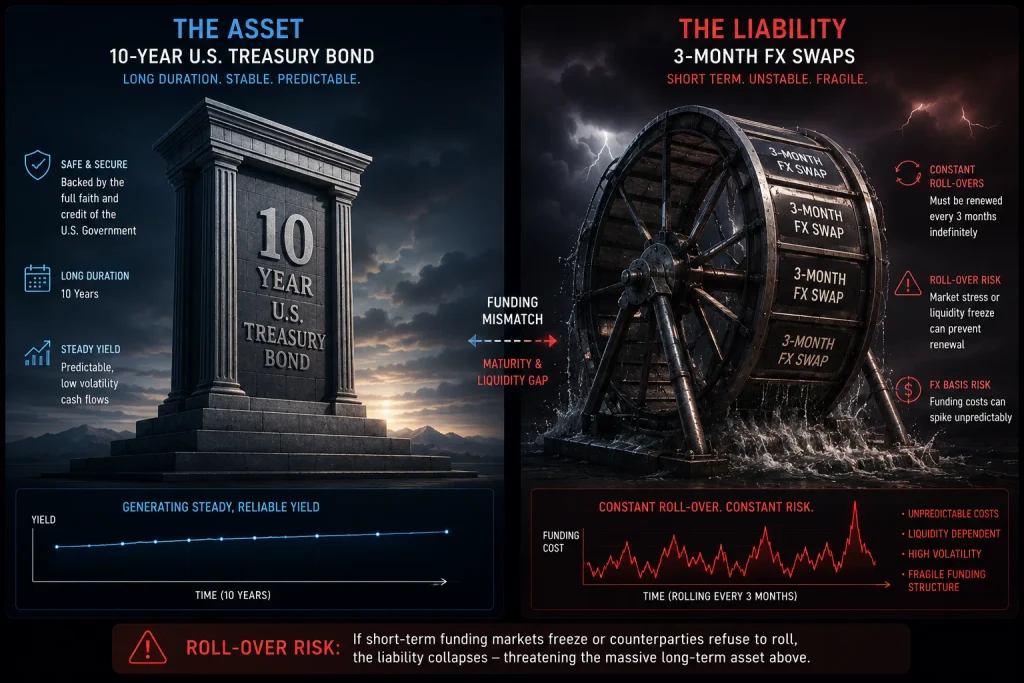 A flowchart comparing visible traditional bank loans to hidden off-balance-sheet FX swap derivatives.