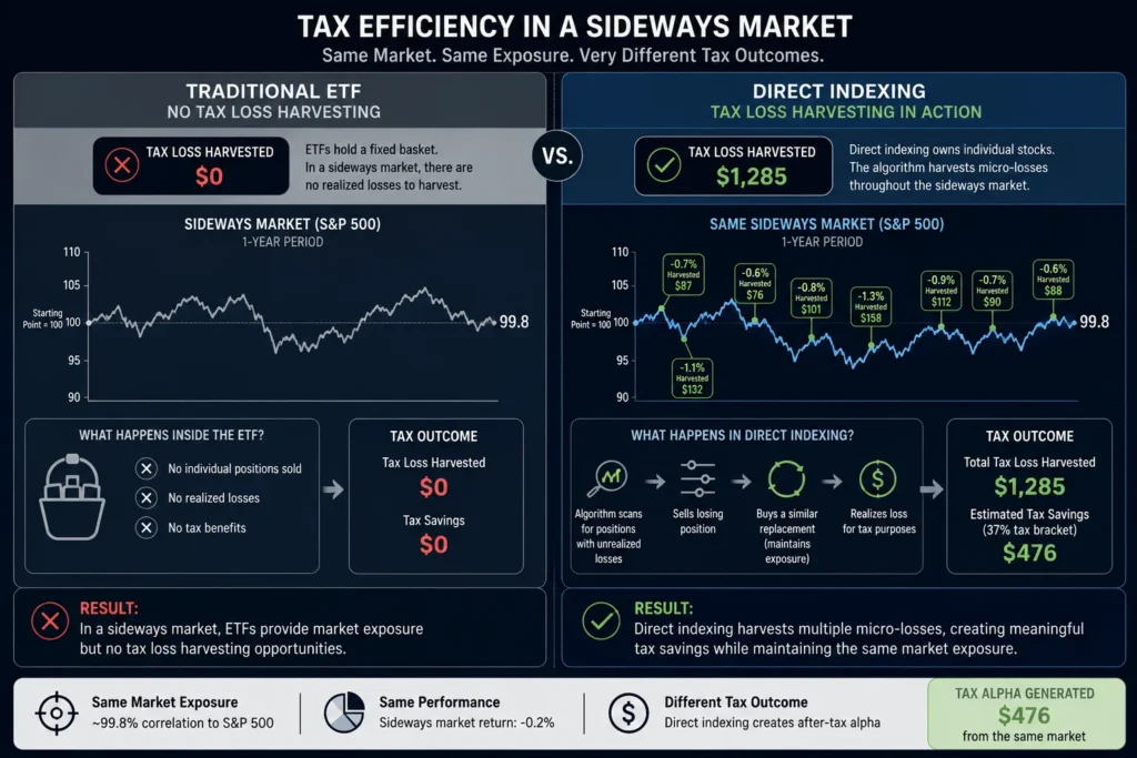 A flowchart demonstrating automated tax-loss harvesting and wash-sale rule evasion in a direct indexing portfolio.