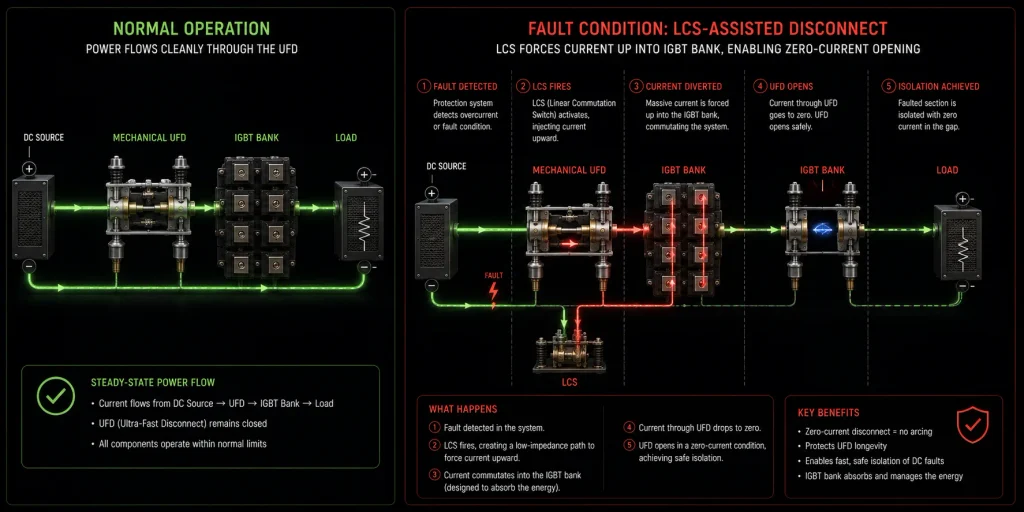 A flowchart demonstrating the 3-step commutation process of a Hybrid HVDC Circuit Breaker extinguishing a DC fault.