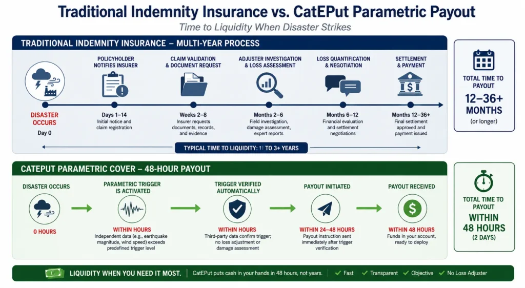 A flowchart demonstrating the contingent capital execution of a Catastrophe Equity Put via parametric triggers.