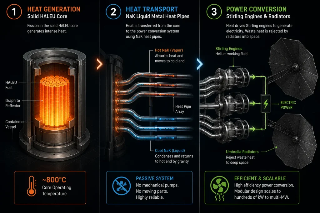 A flowchart demonstrating the thermodynamics of Space Fission Surface Power (FSP) using a HALEU core, NaK heat pipes, and Stirling engines.
