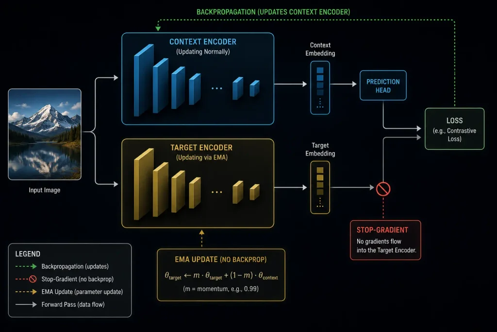 A flowchart illustrating the asymmetric context and target encoders used in Joint Embedding Predictive Architecture to prevent representation collapse.