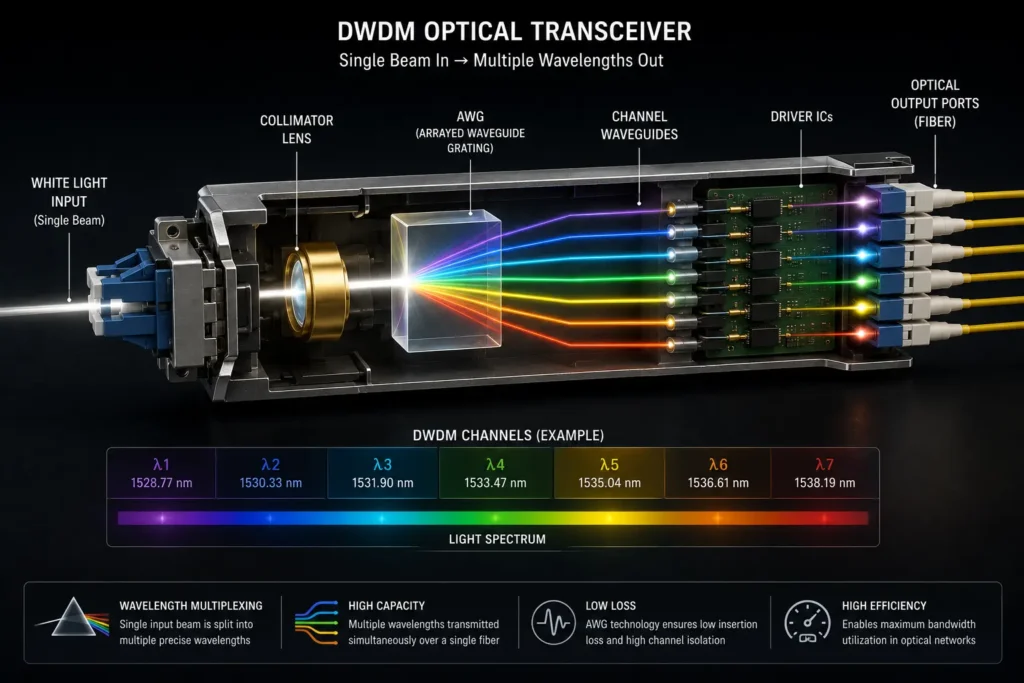 A flowchart showing Dense Wavelength-Division Multiplexing (DWDM) in dark fiber networks.