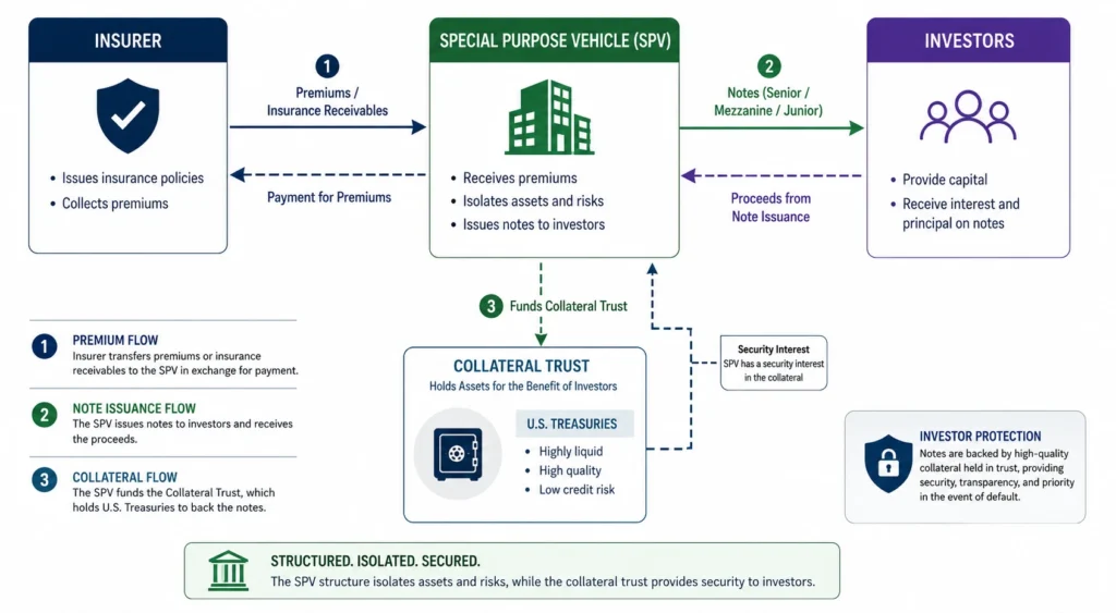 A flowchart showing how a 144A Cyber Catastrophe Bond transfers risk from an insurer to a Special Purpose Vehicle (SPV) and investors.