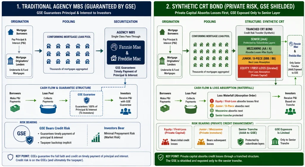 A flowchart showing the synthetic risk transfer mechanism of Fannie Mae CAS and Freddie Mac STACR CRT bonds.