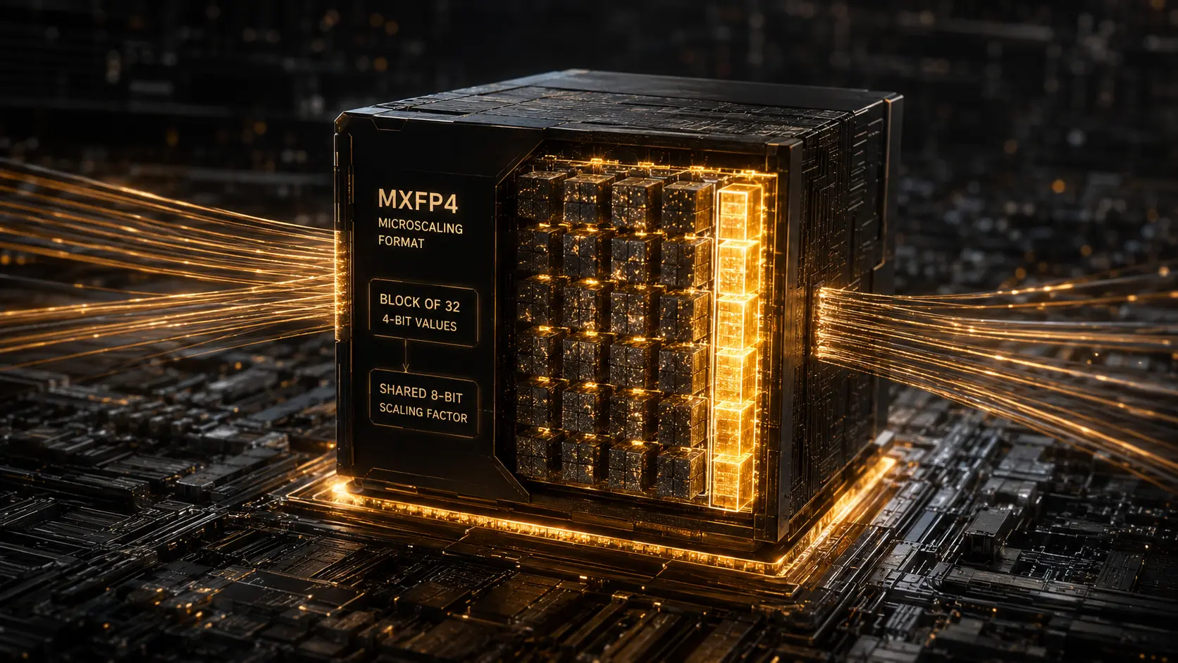 A glowing microprocessor showing 16-bit data compressed into 4-bit Microscaling Formats (MXFP4) bypassing the AI memory wall.