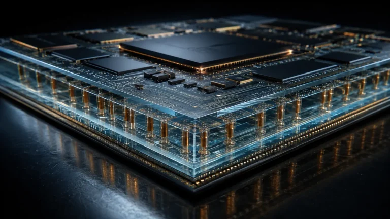 A glowing semiconductor AI chip mounted on a Glass Core Substrate (GCS) revealing microscopic Through-Glass Vias.