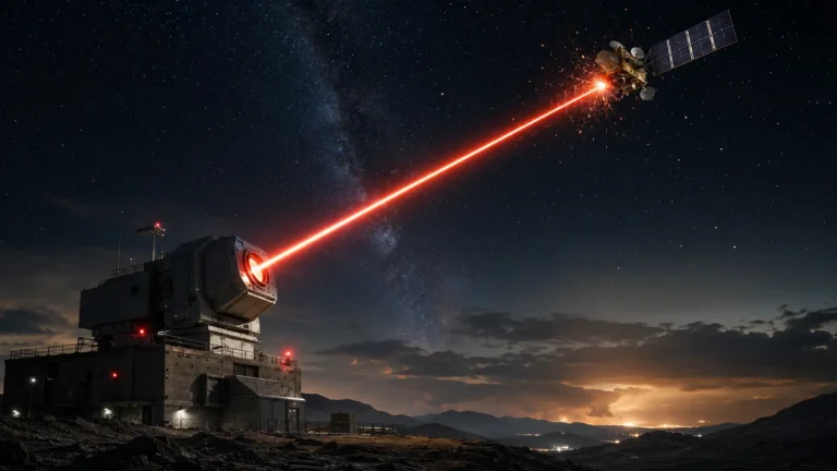 A ground-based anti-satellite (ASAT) laser firing a directed energy beam into space to blind an orbiting reconnaissance satellite.