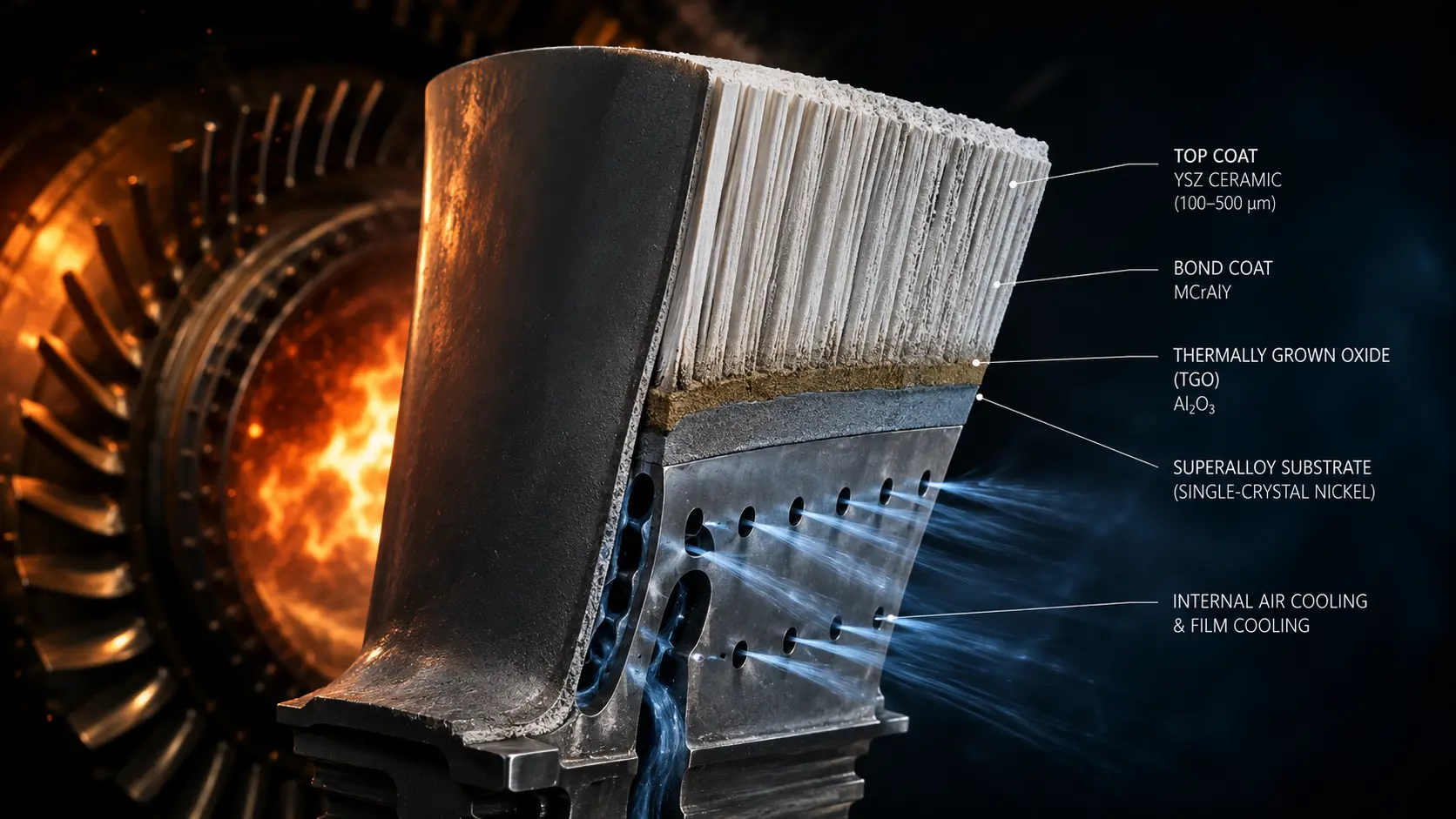 A high-pressure jet engine turbine blade coated with a ceramic Thermal Barrier Coating (TBC).