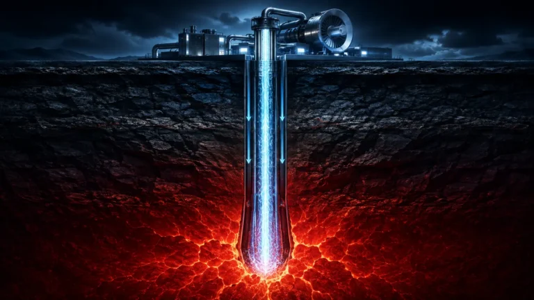 A high-tech digital render of Super Hot Rock (SHR) Geothermal extraction tapping into a 400°C supercritical thermal zone deep underground.