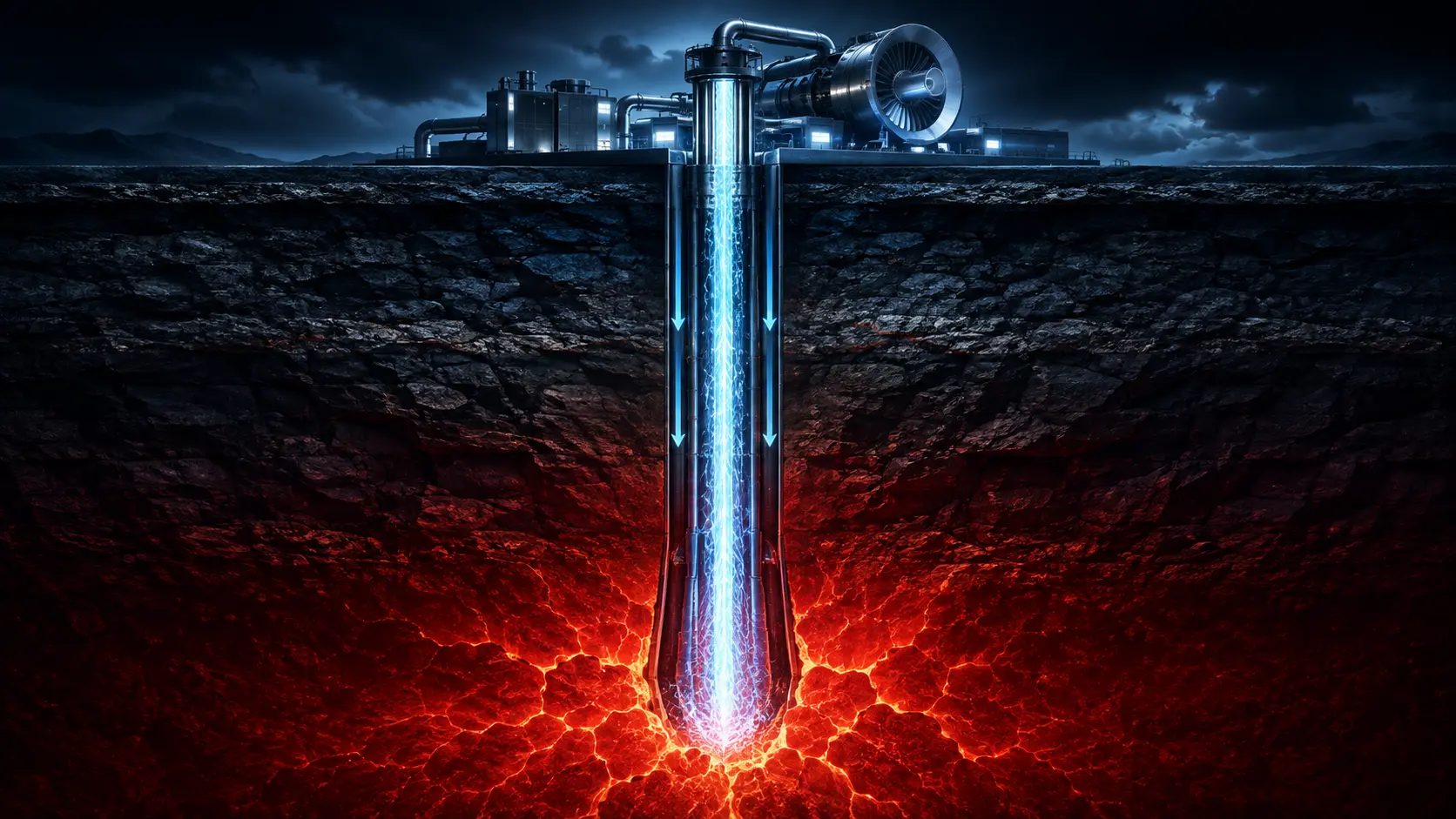 A high-tech digital render of Super Hot Rock (SHR) Geothermal extraction tapping into a 400°C supercritical thermal zone deep underground.