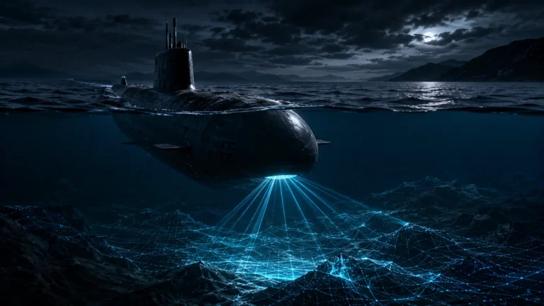 A high-tech digital render of a submarine navigating beneath the ocean using a magnetic anomaly map.